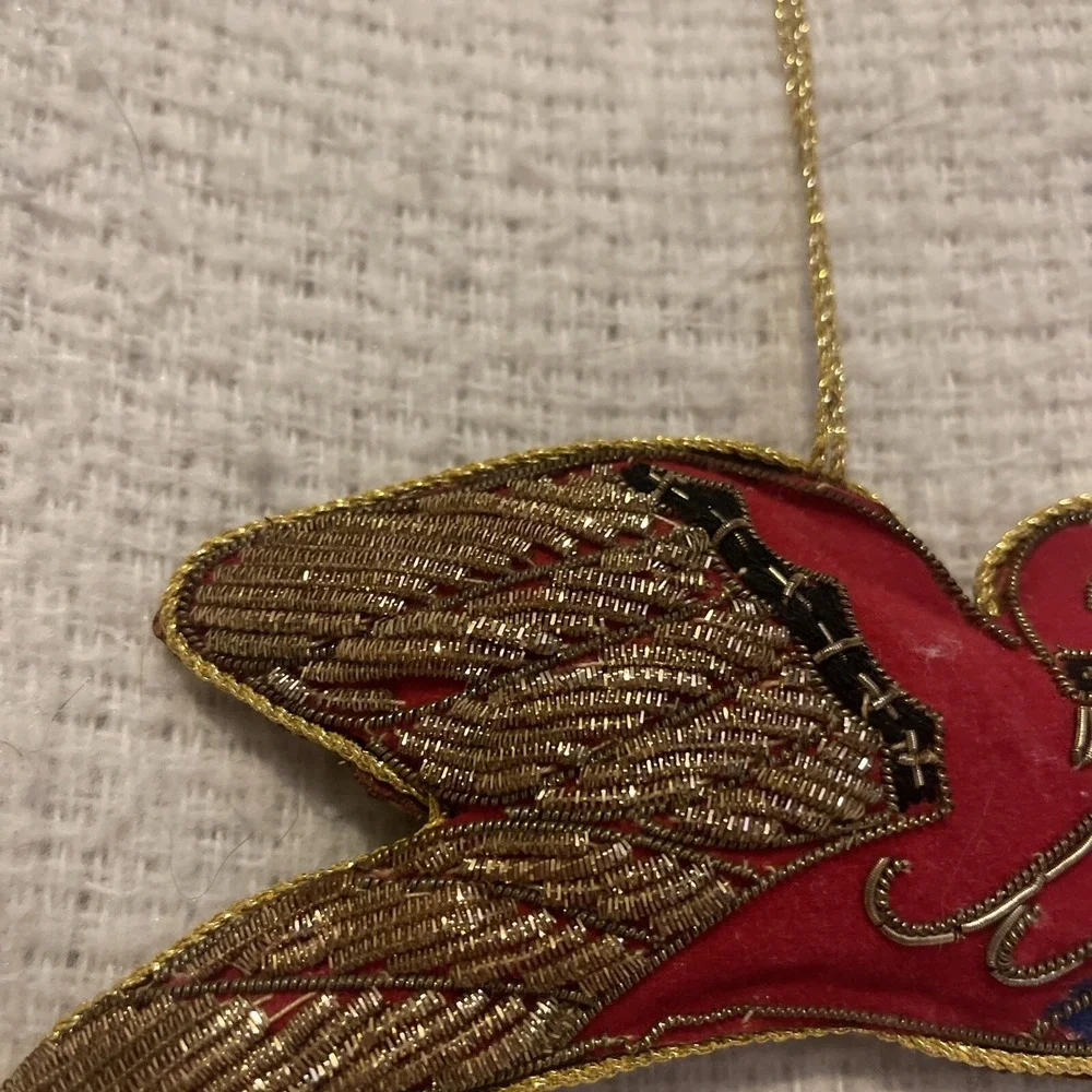 VINTAGE NEIMAN MARCUS RED VELVET CHRISTMAS ORNAMENT DOVE‎ BIRD GOLD BEADED BLUE